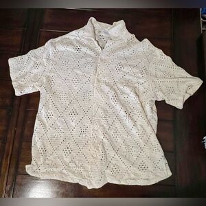 ZARA Cream Knit Eyelet Button Down Shirt | Size XL